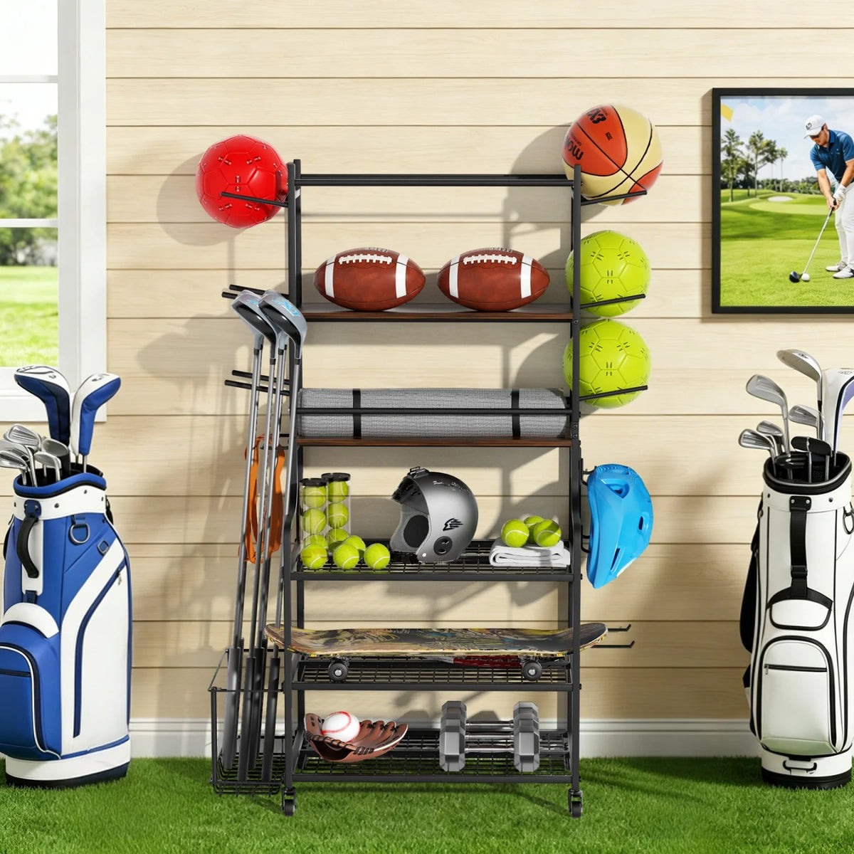 Mobile Gym Storage Rack On Wheels For Yoga Mats And Equipment