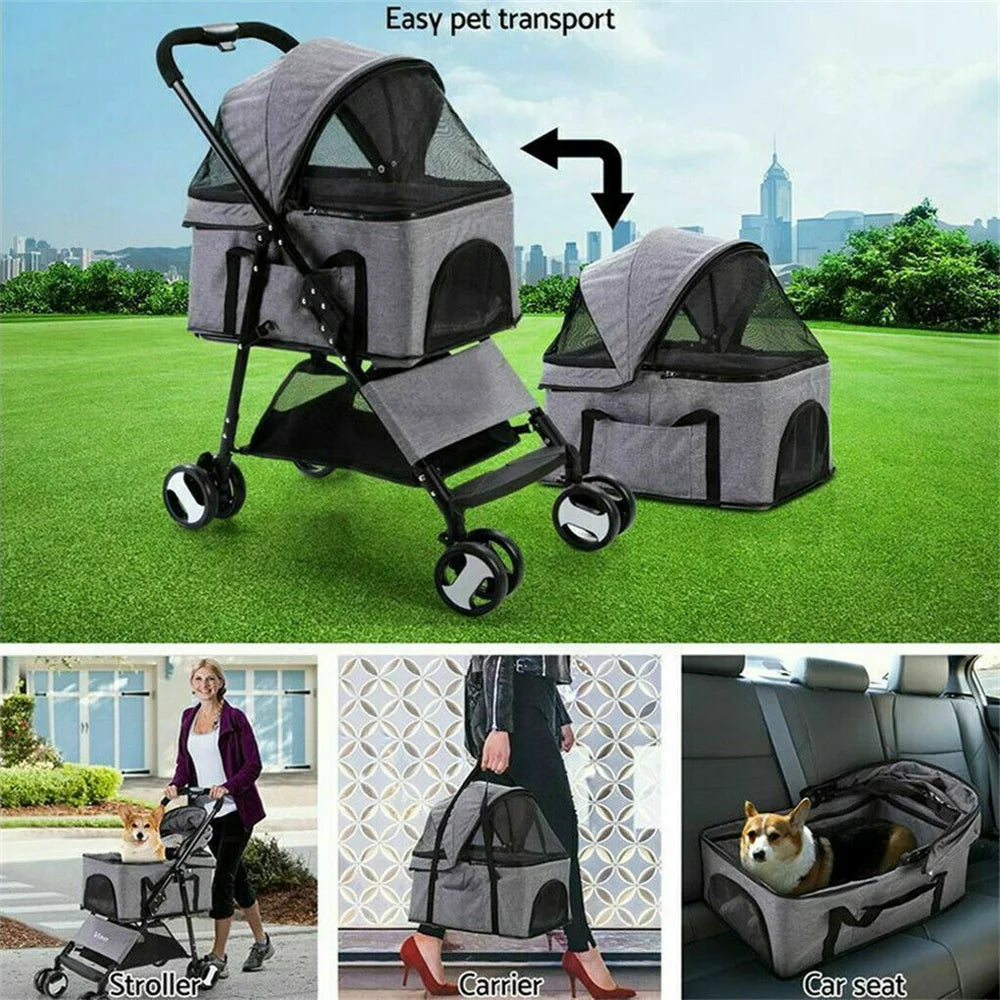 Foldable Pet Dog Stroller With Wheels And Rain Cover