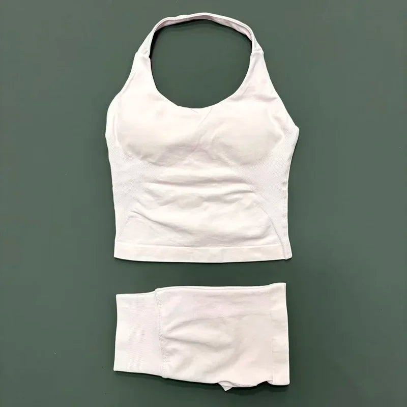 Seamless Nylon Women Two Piece Yoga Set With Halter Top
