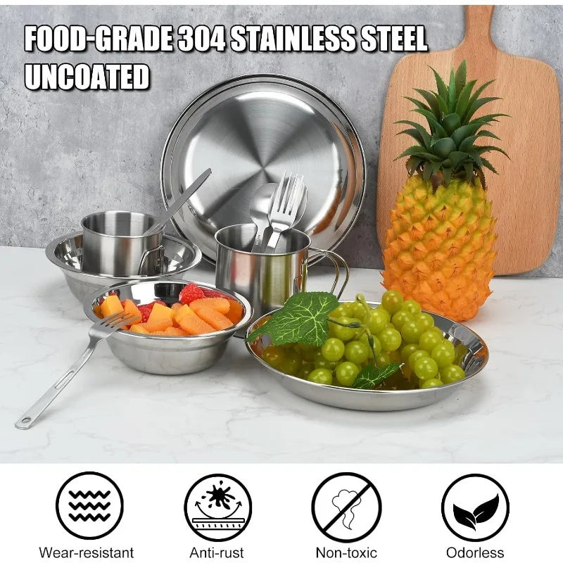 Reusable Double Walled Stainless Steel Camping Plates And Bowls Set