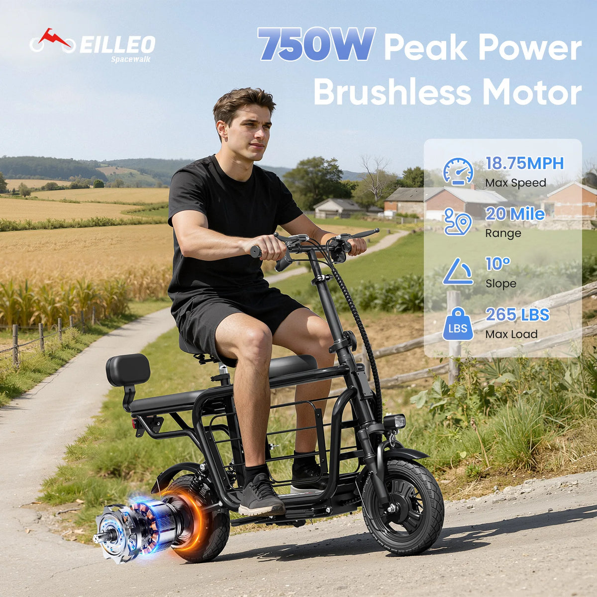 Eilleo Spacewalk 48V Foldable Electric Scooter With Seat And Basket
