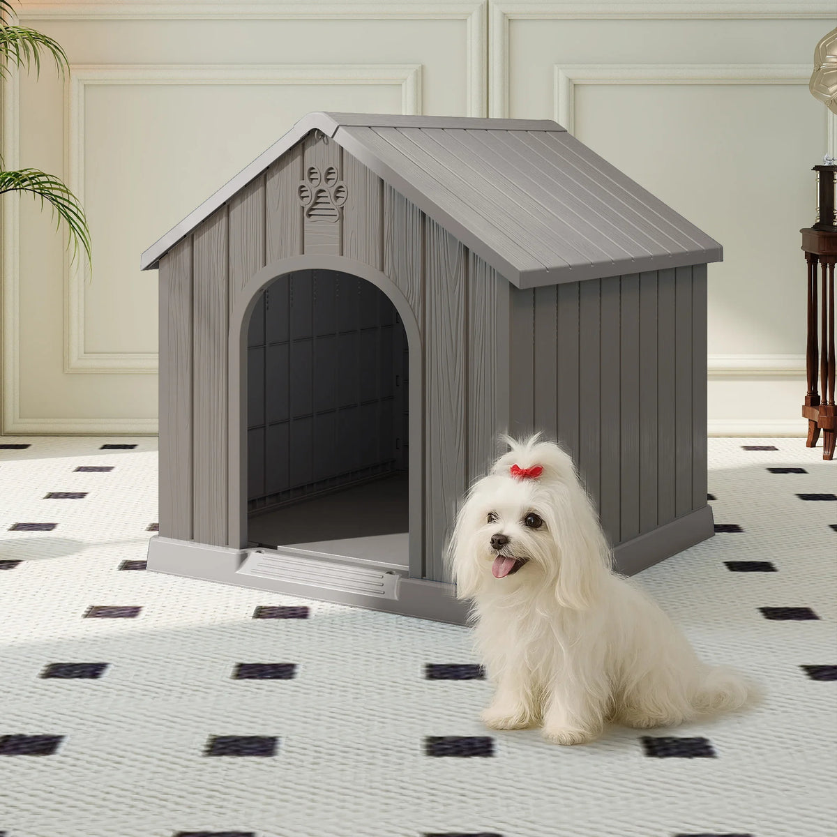 Weather Resistant Plastic Dog House For Outdoor Patio Backyard