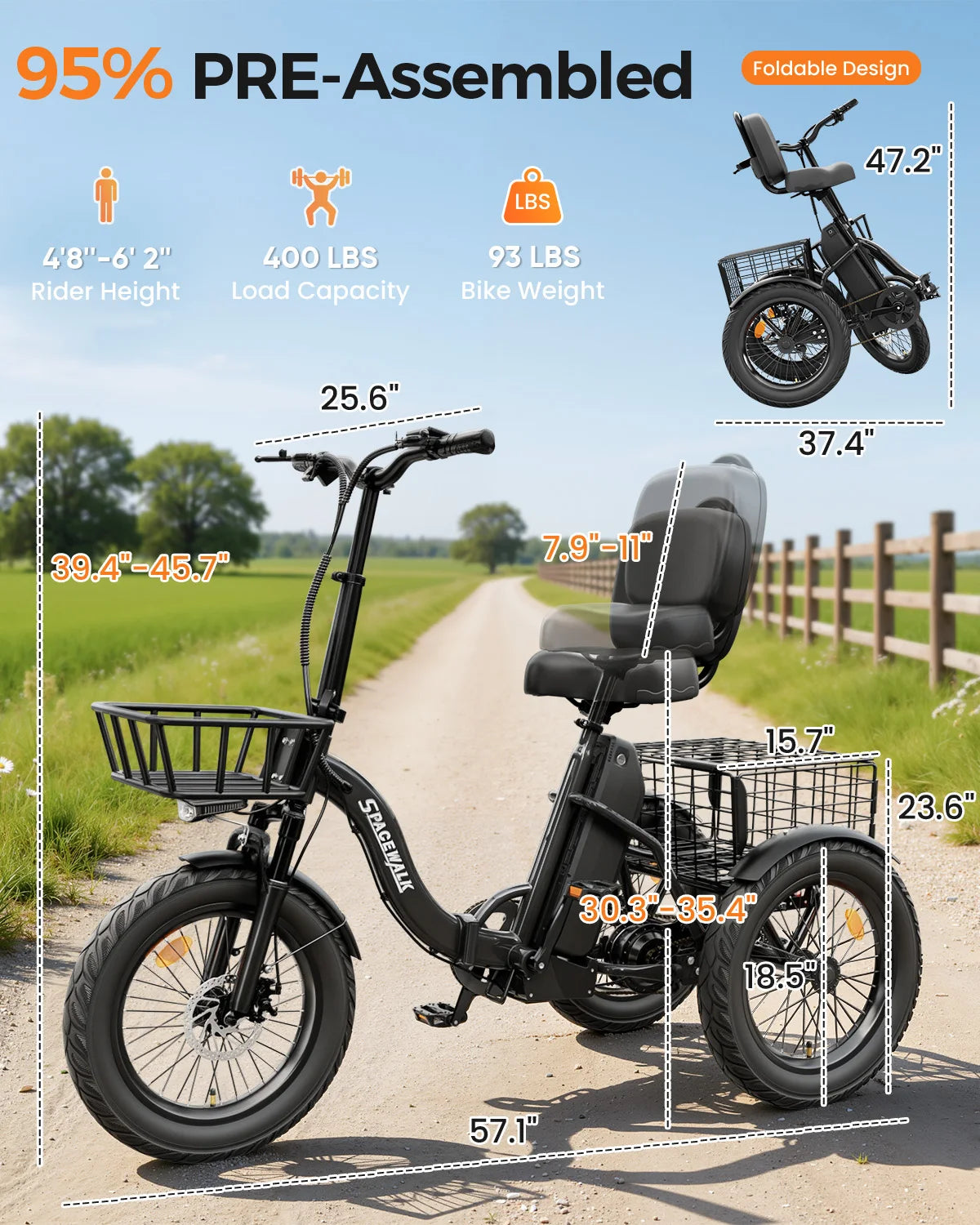 Spacewalk Folding Electric Trike With Cargo Basket For Adults