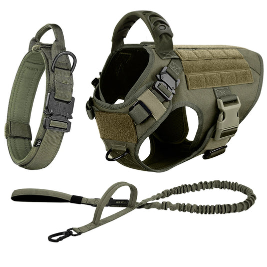 Adjustable Nylon Tactical Dog Harness Collar Leash Set Padded Vest