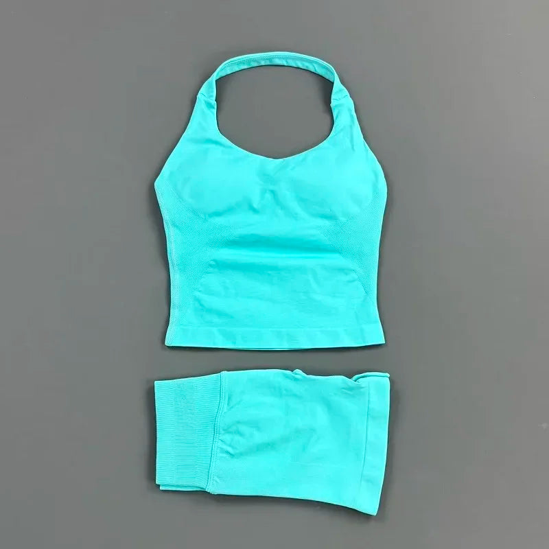 Seamless Nylon Women Two Piece Yoga Set With Halter Top